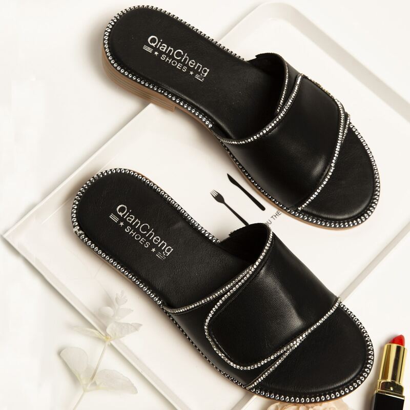 

Rhinestone Trim Slide Sandals, Black