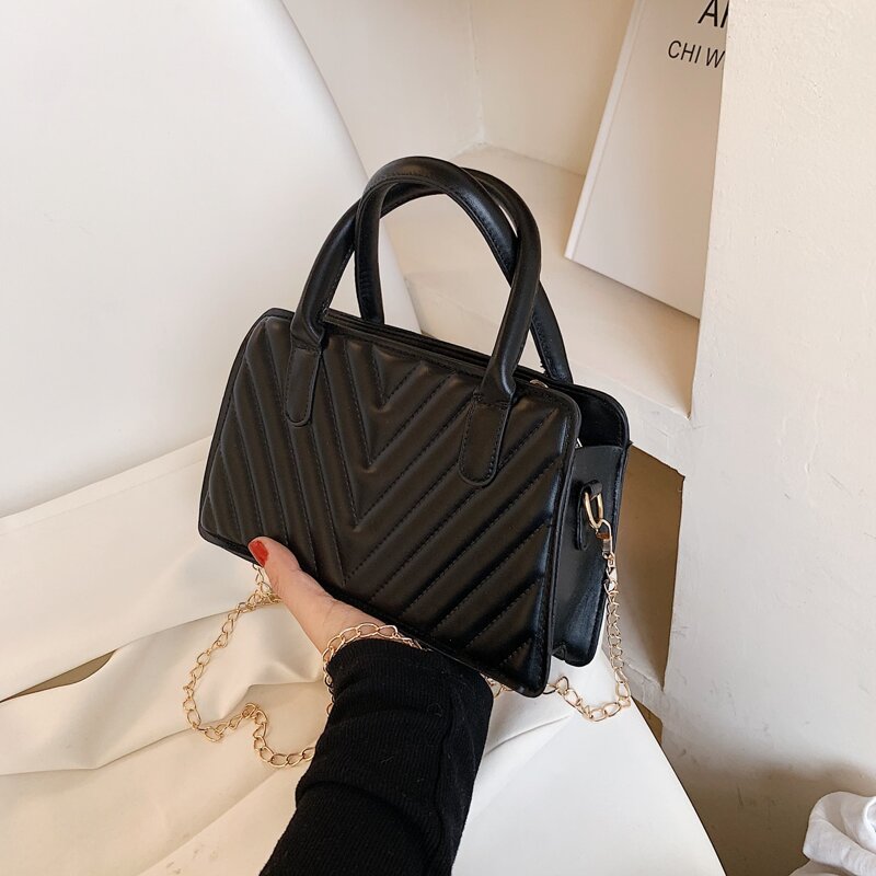 

Chevron Chain Satchel Bag, Black