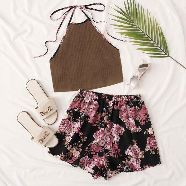 

Tie Back Rib-knit Top and Wide Leg Floral Shorts Set, Multicolor