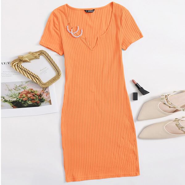 

Ribbed Split Neck Bodycon Mini Dress, Orange