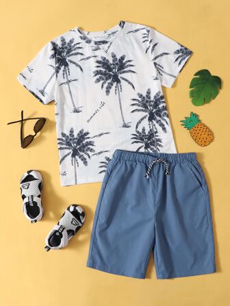 طقم شورت مع تي شيرت مقاس كبير بطباعة استوائي