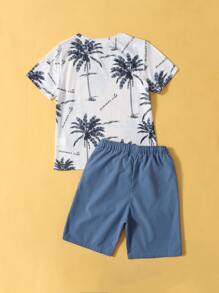 SHEIN Boys Tropical Print Tee And Shorts Set - Blue and White - View 2