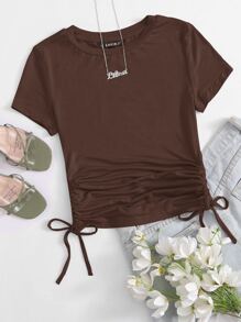 Muchica Drawstring Side Solid Tee - Chocolate Brown - View 2