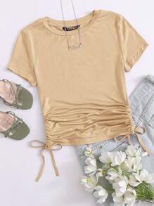 SHEIN EZwear Drawstring Side Solid Tee - Khaki - View 1