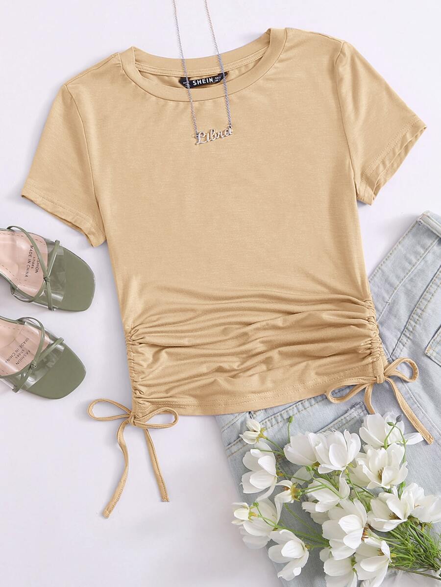 SHEIN EZwear Drawstring Side Solid Tee - Khaki - View 1