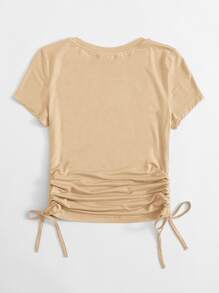 SHEIN EZwear Drawstring Side Solid Tee - Khaki - View 2
