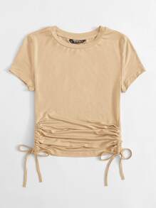 SHEIN EZwear Drawstring Side Solid Tee - Khaki - View 3