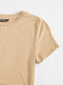 SHEIN EZwear Drawstring Side Solid Tee - Khaki - View 4