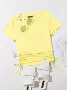 SHEIN EZwear Camiseta unicolor con cordón lateral neón - Amarillo - Ver 1
