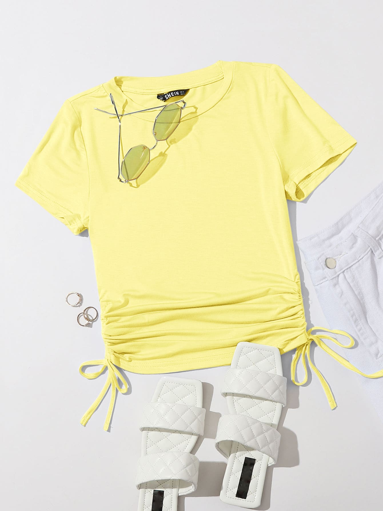 SHEIN EZwear Camiseta unicolor con cordón lateral neón - Amarillo - Ver 1