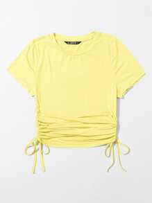 SHEIN EZwear Camiseta unicolor con cordón lateral neón - Amarillo - Ver 3