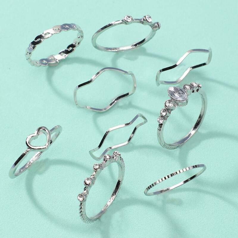 

9pcs Rhinestone Decor Ring, Silver