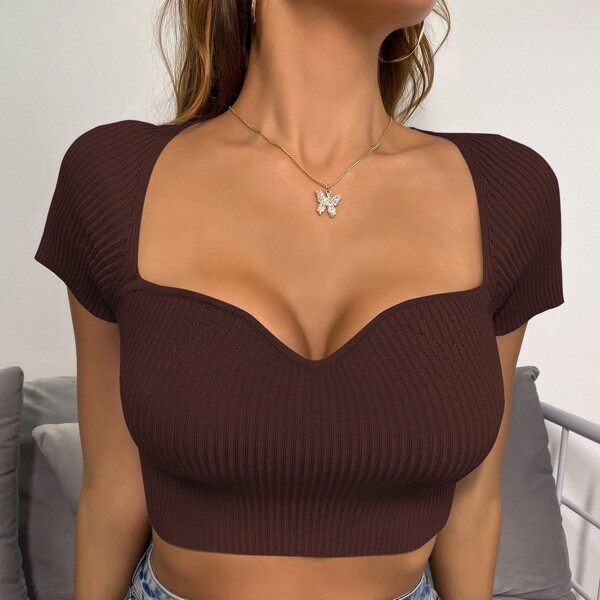

Solid Sweetheart Neck Ribbed Knit Top, Coffee brown