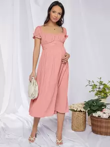 SHEIN Maternidad vestido de espalda con cordón de busto con fruncido de puño con fruncido - Rosa Pálido - Ver 1