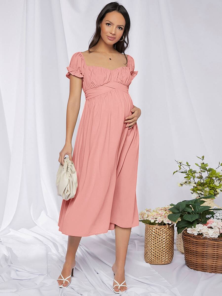 SHEIN Maternidad vestido de espalda con cordón de busto con fruncido de puño con fruncido - Rosa Pálido - Ver 1