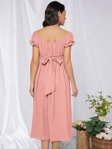 SHEIN Maternidad vestido de espalda con cordón de busto con fruncido de puño con fruncido - Rosa Pálido - Ver 2