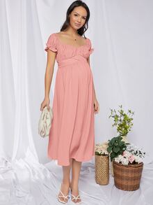 SHEIN Maternidad vestido de espalda con cordón de busto con fruncido de puño con fruncido - Rosa Pálido - Ver 3