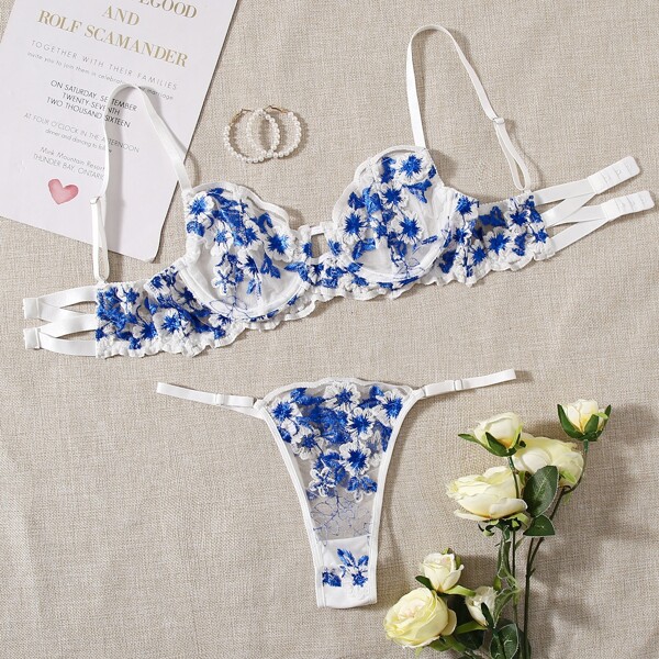 

Embroidered Mesh Underwire Lingerie Set, Blue and white