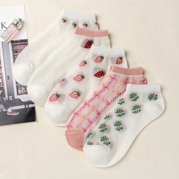 

5pairs Strawberry Pattern Ankle Socks, Multicolor