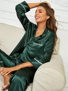 Button Front Lapel Collar Top & Pants Satin PJ Set / Pajama Set, Fall Winter Clothes Cozy And Elegant Details