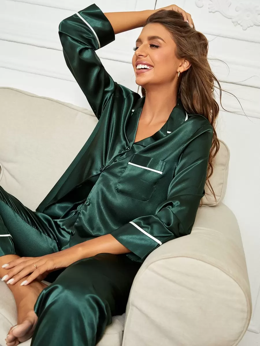 Button Front Lapel Collar Top & Pants Satin PJ Set / Pajama Set, Fall Winter Clothes Cozy And Elegant Details