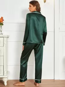 Button Front Lapel Collar Top & Pants Satin PJ Set / Pajama Set, Fall Winter Clothes Cozy And Elegant Details