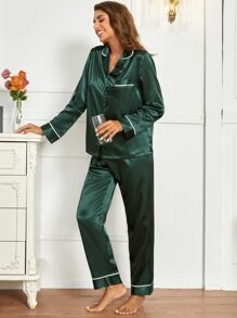 Button Front Lapel Collar Top & Pants Satin PJ Set / Pajama Set, Fall Winter Clothes Cozy And Elegant Details
