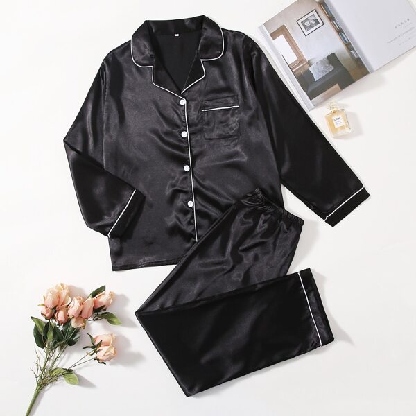 

Satin Contrast Binding Pocket Front Night Set, Black