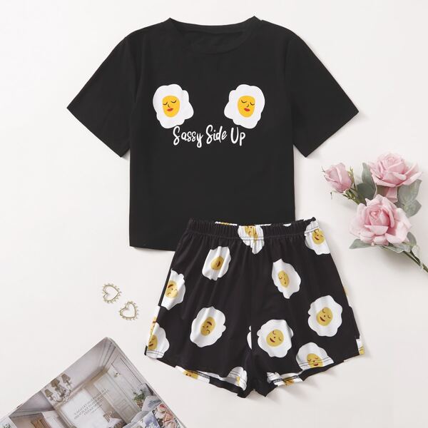 

Cartoon & Letter Graphic Pajama Set, Black