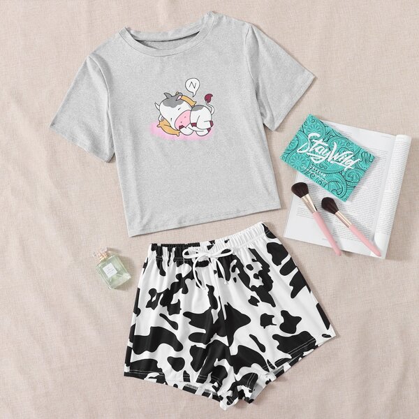 

Cartoon & Cow Graphic Bow Detail Pajama Set, Multicolor