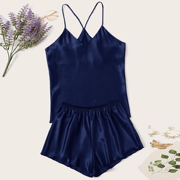 

Satin Cami Top & Shorts Night Set, Navy blue