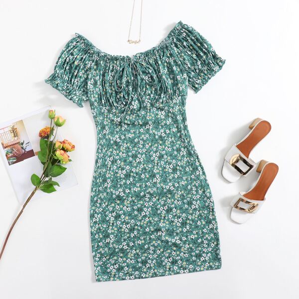 

Plus Ditsy Floral Off Shoulder Ruched Bust Dress, Green