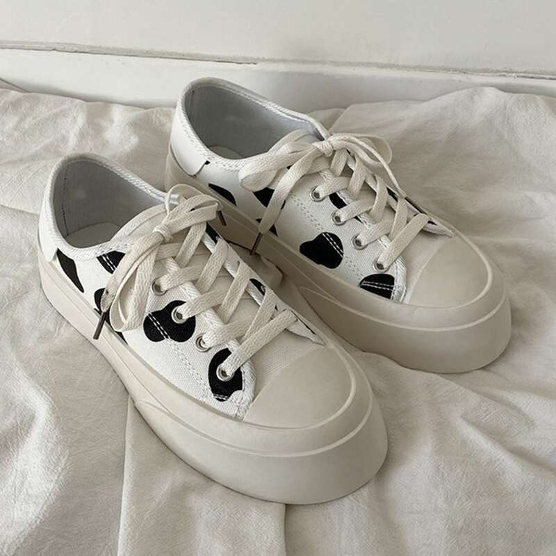 

Cow Print Lace-up Canvas Sneakers, Black and white