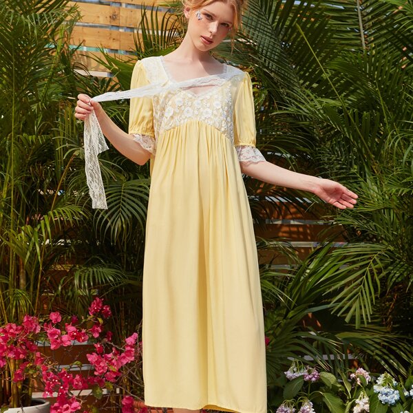 

V-neck Contrast Lace Detail Nightdress, Yellow