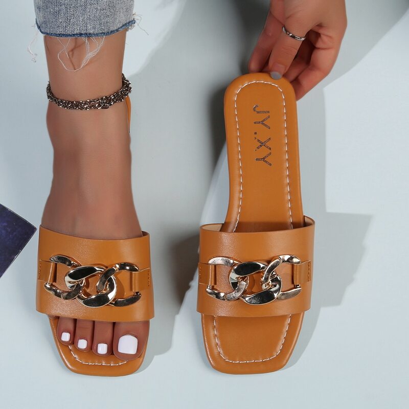 

Chain Band Slide Sandals, Brown