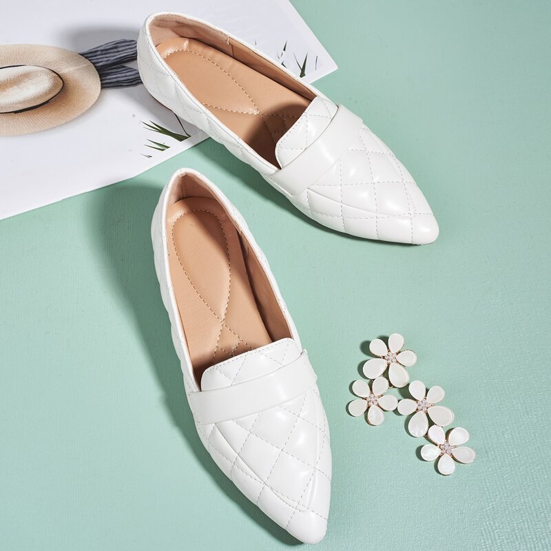 Quilted Point Toe Flats, White