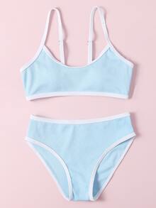 年轻女孩罗纹撞色绑带比基尼套装夏季海滩 - 淺藍色 - 查看 3