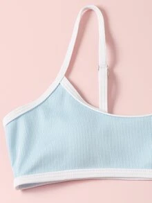 年轻女孩罗纹撞色绑带比基尼套装夏季海滩 - 淺藍色 - 查看 4