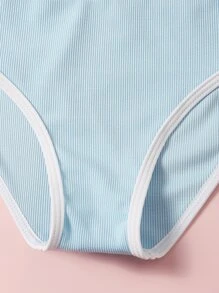 年轻女孩罗纹撞色绑带比基尼套装夏季海滩 - 淺藍色 - 查看 5