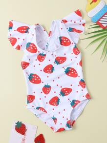 Baby Girl Strawberry Print Ruffle One Piece Swimsuit - Red and White - View 1