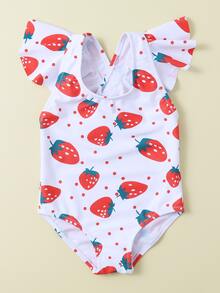 Baby Girl Strawberry Print Ruffle One Piece Swimsuit - Red and White - View 3
