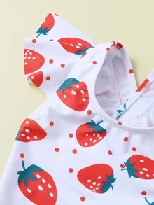 Baby Girl Strawberry Print Ruffle One Piece Swimsuit - Red and White - View 4