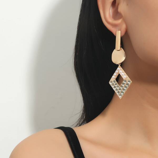 

Faux Pearl & Rhinestone Decor Geometric Drop Earrings, Gold
