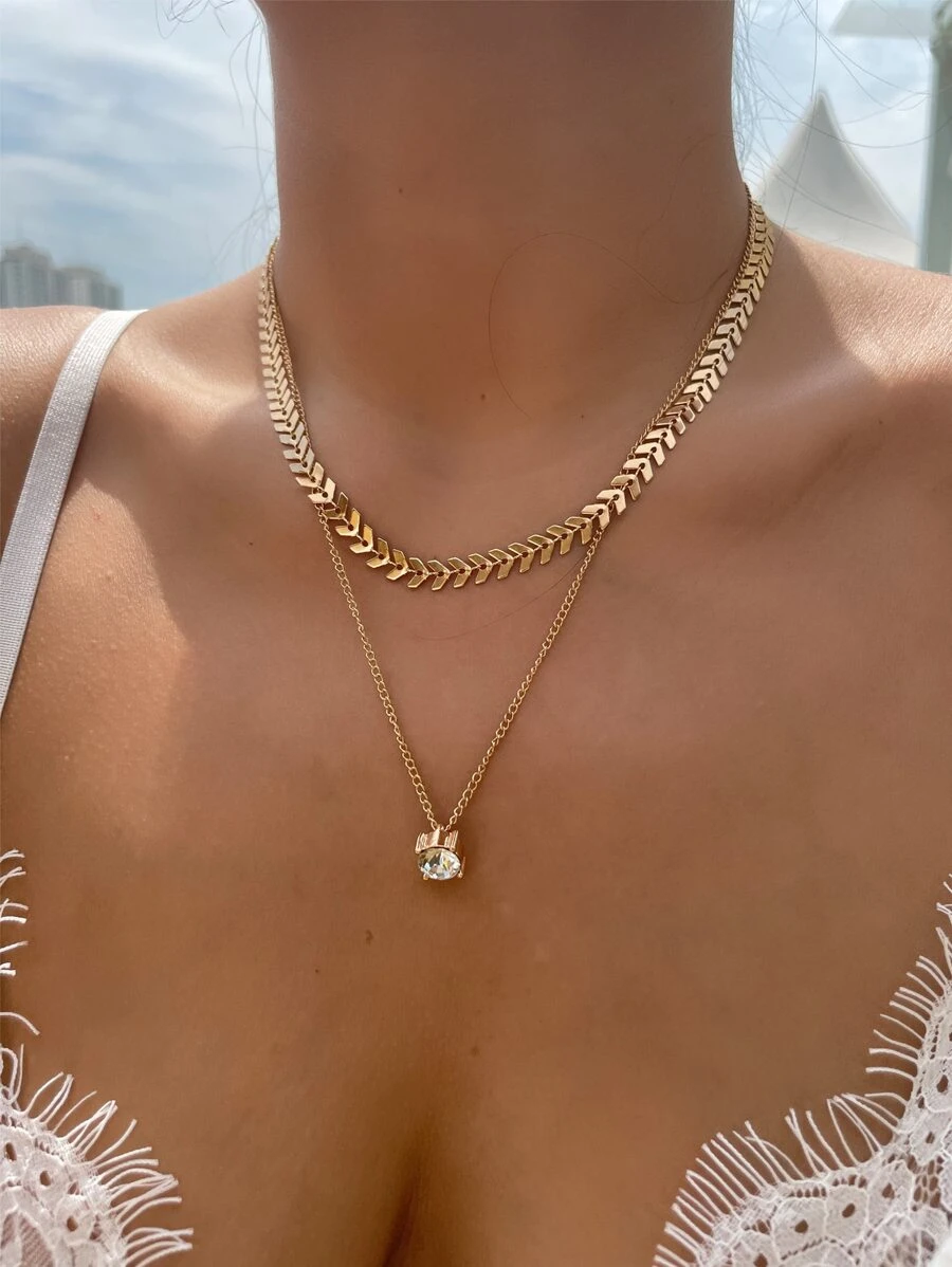 Vòng cổ xếp lớp Rhinestone Charm - Vàng - Xem 1