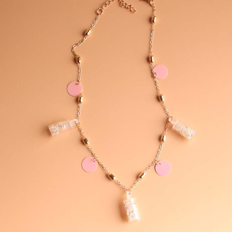 

Disc & Bottle Decor Necklace, Pink