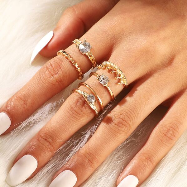

6pcs Rhinestone Decor Ring, Gold