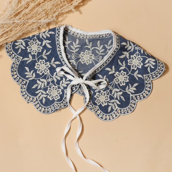 

Flower Embroidered Dickey Collar, Blue