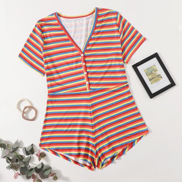 

Plus Rainbow Striped Button Sleep Romper, Multicolor