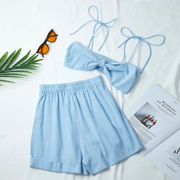 

Knot Straps Shirred Crop Top & Roll Hem Shorts Set, Baby blue