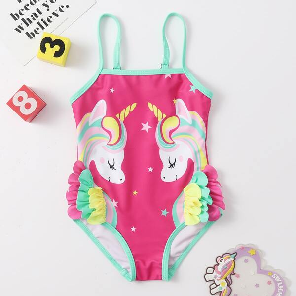 

Baby Girl Unicorn Print One Piece Swimsuit, Multicolor